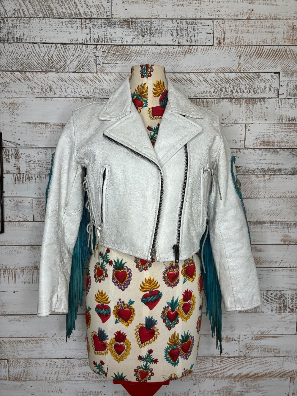 White Genuine Leather Jacket with Teal Fringe